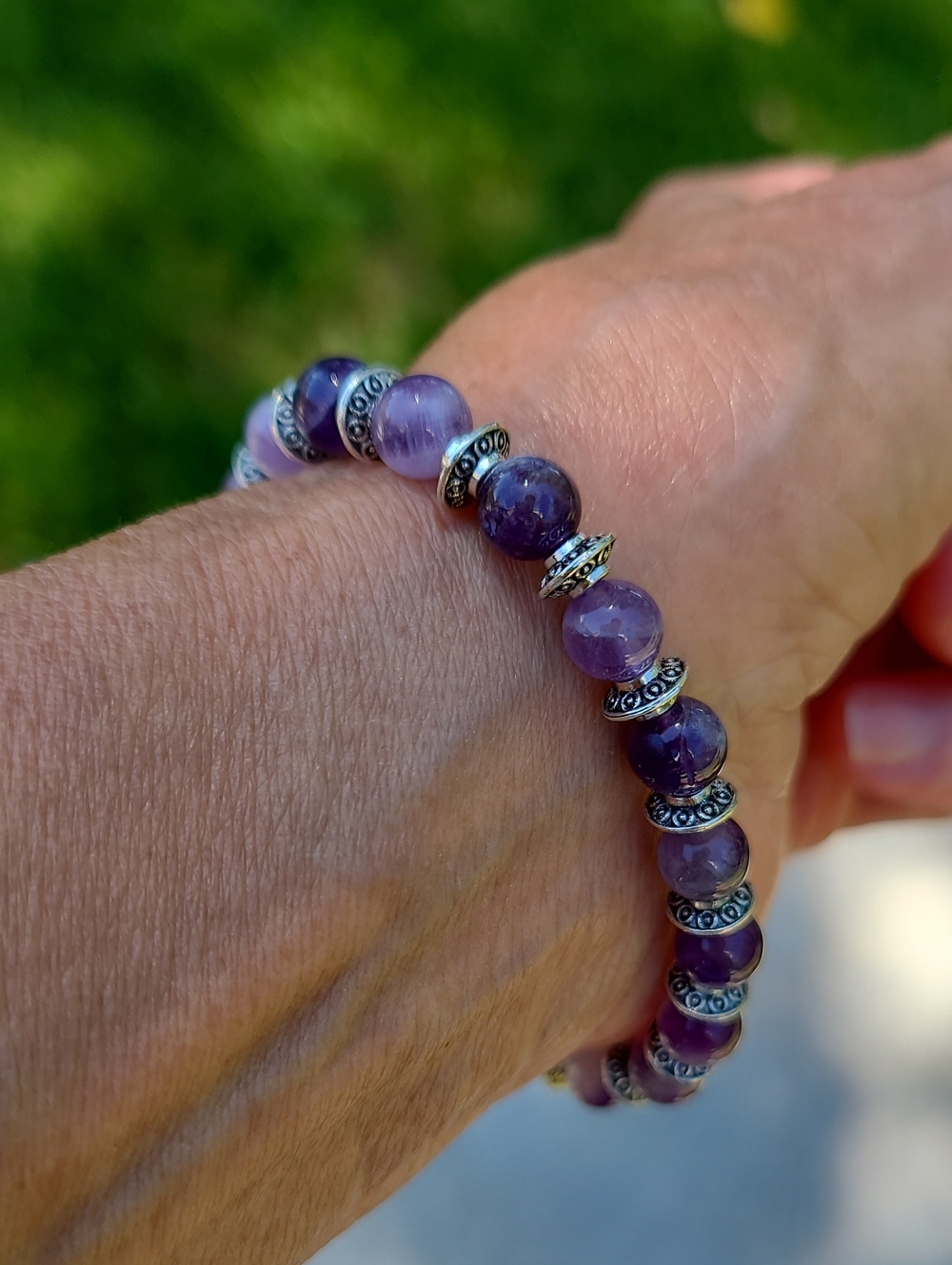 Amethyst Bead Stretch Bracelet with Silver Accent Spacers - Purple